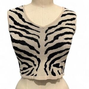 Cream‎ Black Zebra Animal Print Stretchy Cropped Tank Women Size L Wild Festival